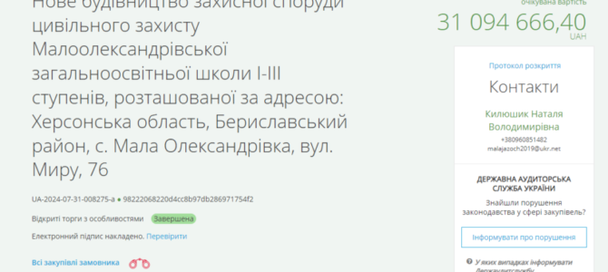 У селі на Херсонщині збудують укриття у школі за понад 31 мільйон із завищеними цінами